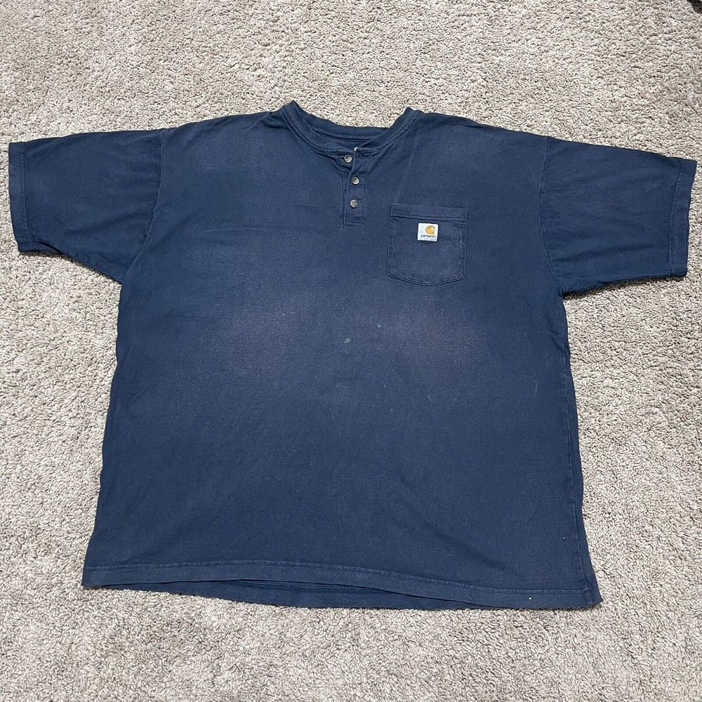 Carhartt Shirt Mens XXL 2XL Navy Blue Henley Distressed Heavyweight Short Sleeve